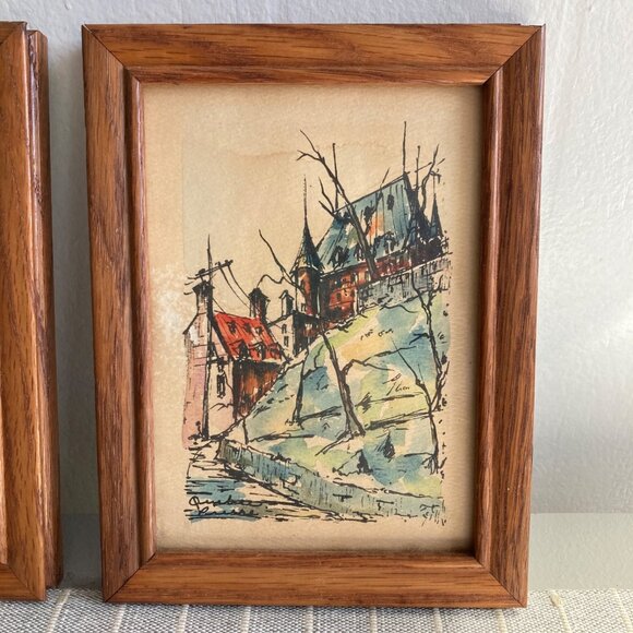 Set Of 2 Paintings Quebec Scene Small Mini Artwork Aged Patina Cottage Signed - Picture 3 of 14